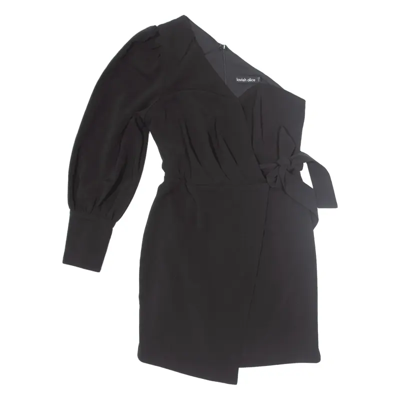 LAVISH ALICE One Shoulder Wrap Dress Black Long Sleeve Short Womens UK 10