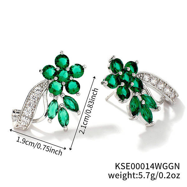 Elegant Brass Rhinestone Leaf Stud Earrings