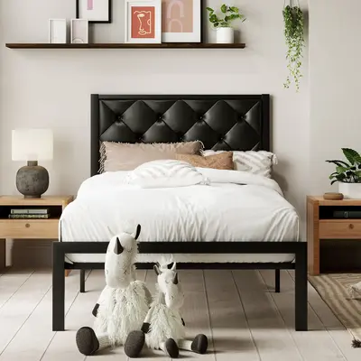 MUTICOR Metal Twin/Full/Queen/King Platform Bed Frame,Fabric Upholstered/Faux Leather Button Tufted HeadboardăFrame Only No...