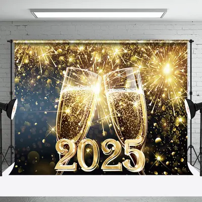 Champagne Glass Golden Sparkle 2025 New Year Backdrop - Aperturee