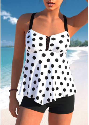 Modlily Polka Dot Asymmetry White Tankini Top - M