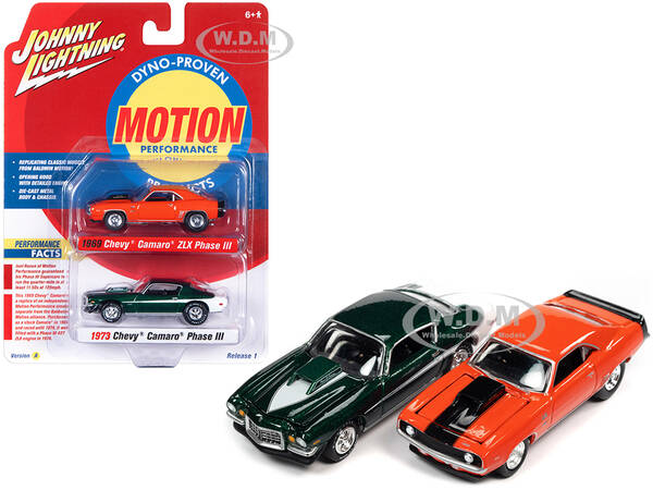 1969 Chevrolet Camaro ZLX Phase III Hugger Orange with Black Stripes and 1973 Chevrolet Camaro Phase III Dark Green Metallic ...