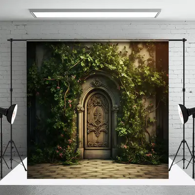 Aperturee Spring Greenery Retro Door Maternity Photo Backdrop | Diy Photography Backdrop | Photo Booth Background | Photograp...