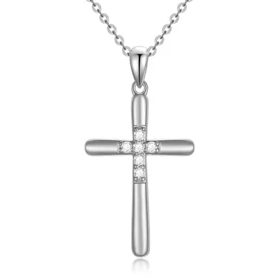 14K White Gold Lab Created Diamond Cross Necklace for Women
