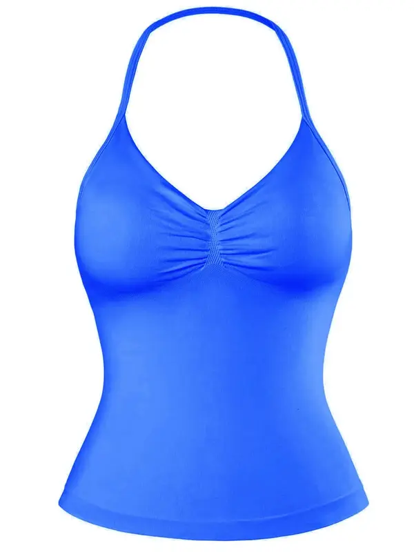 Women's Solid Removable Chest Pad Sports Cami Top, Casual Sporty Sleeveless Halter Top for Summer, Ladies Sportswear for Gym ...