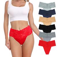 Pack 6 High Waist Lace Thongs For Women Plus Size High Rise Cotton Lacy Underwear Tummy Control Retro Thong Panties Size S -4...