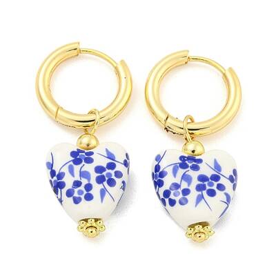 Handmade Porcelain Blue and White Porcelain Heart Hoop Earrings