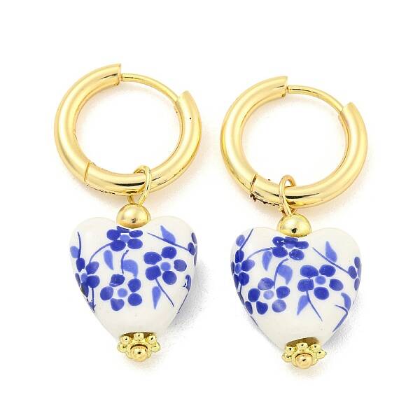 Handmade Porcelain Blue and White Porcelain Heart Hoop Earrings