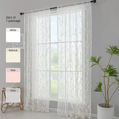 Flower Print Lace Curtain, 2 Counts/set Translucent Simple Decorative Window Curtain, Window Drapes for Home Living Room Bedr...