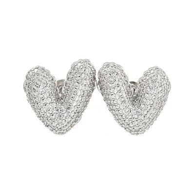 Heart Brass Pave Clear Cubic Zirconia Stud Earrings
