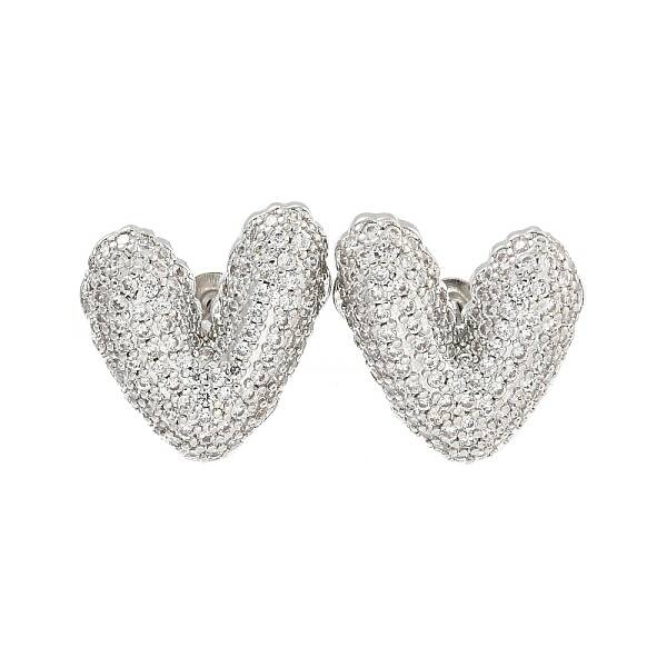 Heart Brass Pave Clear Cubic Zirconia Stud Earrings