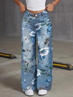 Women's PocketĀ Denim-Effect PrintĀ Pants, Casual Comfy Denim-Effect PrintĀ Trousers for Daily Wear, Ladies Bottoms for All S...
