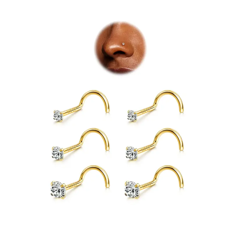 BodyBonita 6 Counts  Nose Studs - 316L Surgical Steel Corkscrew Nose Rings 18G/20G/22G Nose Piercing Stud 1.5 mm 2 mm 3 mm CZ...
