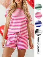 Two-piece Set Women's Striped Print Tee & Shorts, Casual Comfy Short Sleeve T-shirt & Shorts Set, Ladies Sleepwear for Summer...