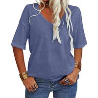 Fisace Women Fashion V-Neck Half Sleeves Oversized T Shirt Solid Casual Loose Basic Top