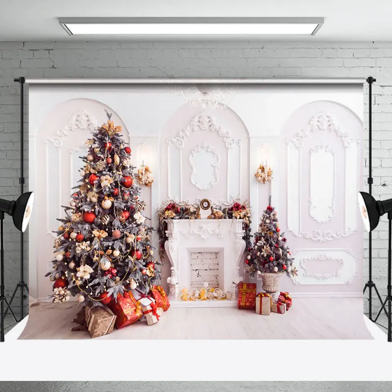 Aperturee White Pink Wall Pine Tree Gifts Christmas Backdrop - Aperturee
