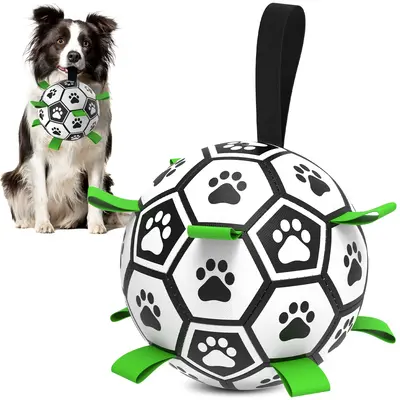 Durable Paw Print Football Dog Toy with Nylon Strap and Hand Pump Perfect for Indoor and Outdoor Chewing Teeth Cleaning Inter...