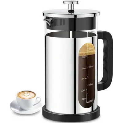 Cold Brew Maker with 4 Filters, 304 Stainless Steel - 34oz Silver French Press for Daily Iced Coffee Lovers