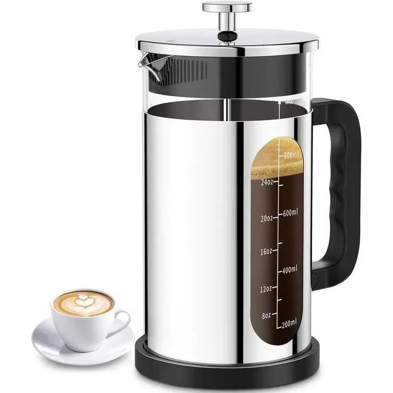 Cold Brew Maker with 4 Filters, 304 Stainless Steel - 34oz Silver French Press for Daily Iced Coffee Lovers