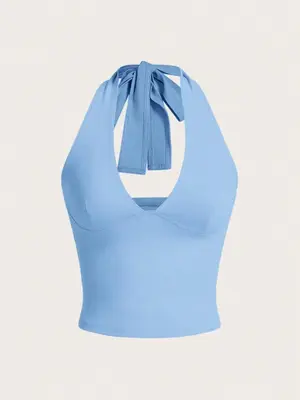 Women's Solid Knot Back Halter Crop Tank Top, Fashion and Trends Casual Deep V Neck Sleeveless Top for Summer, Ladies Clothe...