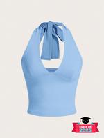 Women's Solid Knot Back Halter Crop Tank Top, Casual Deep V Neck Sleeveless Top for Summer, Ladies Backless Cropped Clothes ...