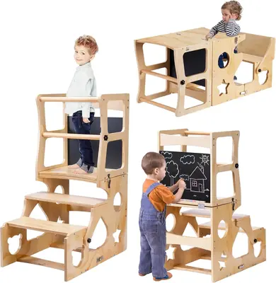 Rengue 3-in-1 Standing Toddler with Safety Rail, Foldable Table with Chalkboard, Kids Step Stool Helper