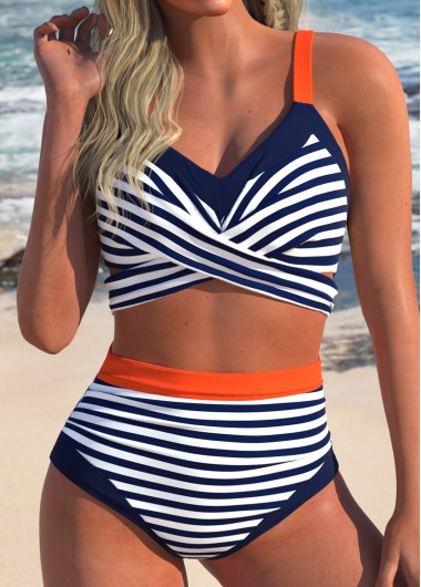 Modlily Surplice Striped Navy High Waisted Bikini Set - XXL
