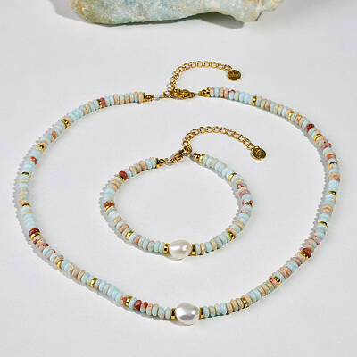 Natural Shoushan Stone & Freshwater Pearl & Brass Rondelle Beaded Necklaces & Beaded Bracelets Sets