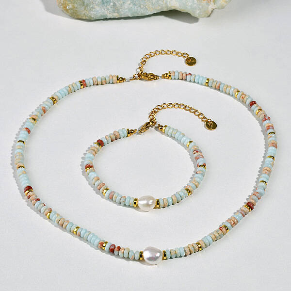 Natural Shoushan Stone & Freshwater Pearl & Brass Rondelle Beaded Necklaces & Beaded Bracelets Sets