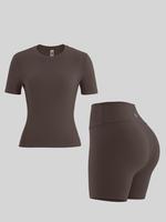 Two-piece Set Women's Round Neck Tee & Shorts Tracksuit Set, Sporty High Stretch Crew Neck Short Sleeve T-shirt & Skinny Shor...