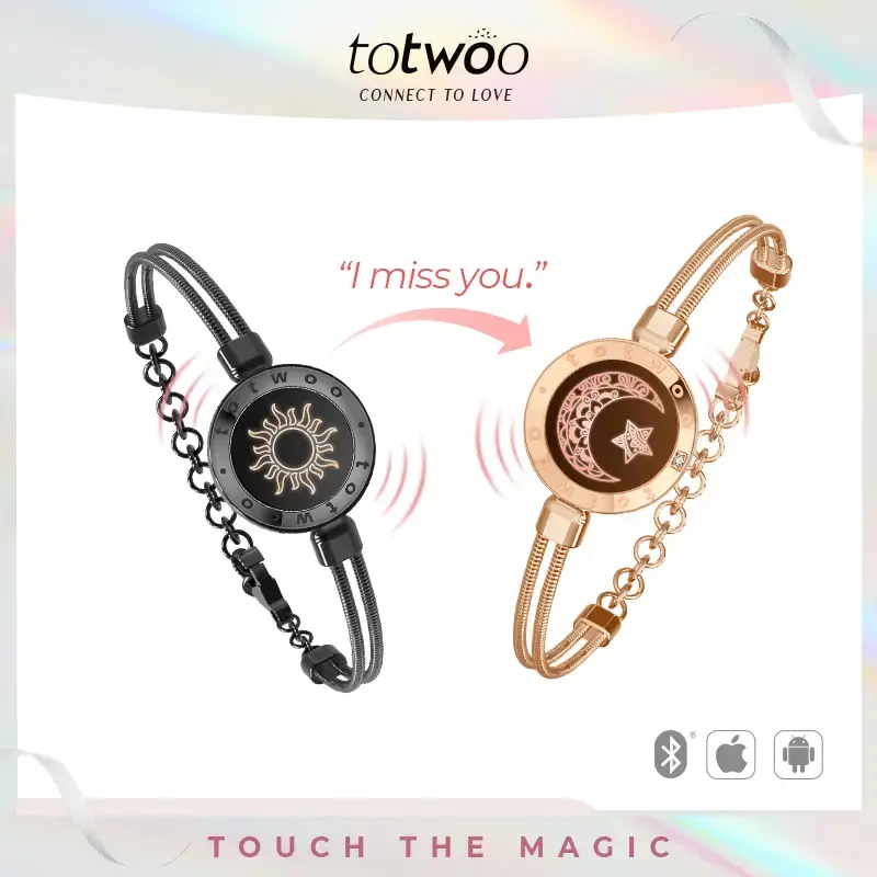 【Creative Gifts】totwoo Sun&Moon Touch Bracelets with Figaro Chain Long Distance  with Functional Love Connect Gift For Bo...