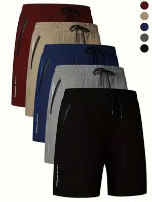 Men's Letter Print Zipper Pocket Shorts, Casual Breathable Athleisure Quick Drying Straight Leg Traveling Shorts, Mens Shorts...