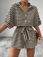 Women's Striped Print Romper, Casual Belted Romper for Summer, Fashion Fitted Women's Clothes for Daily Wear, Womenswear, Cas...
