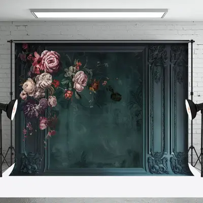 Retro Dark Green Wall Floral Fine Art Photo Backdrop