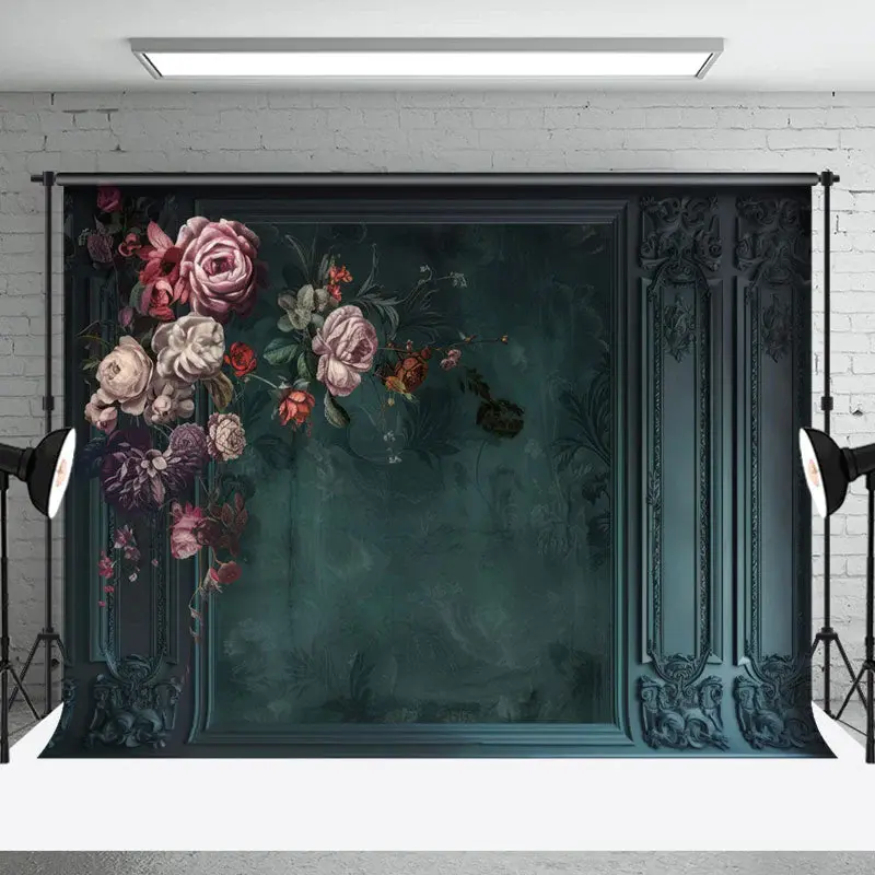 Retro Dark Green Wall Floral Fine Art Photo Backdrop