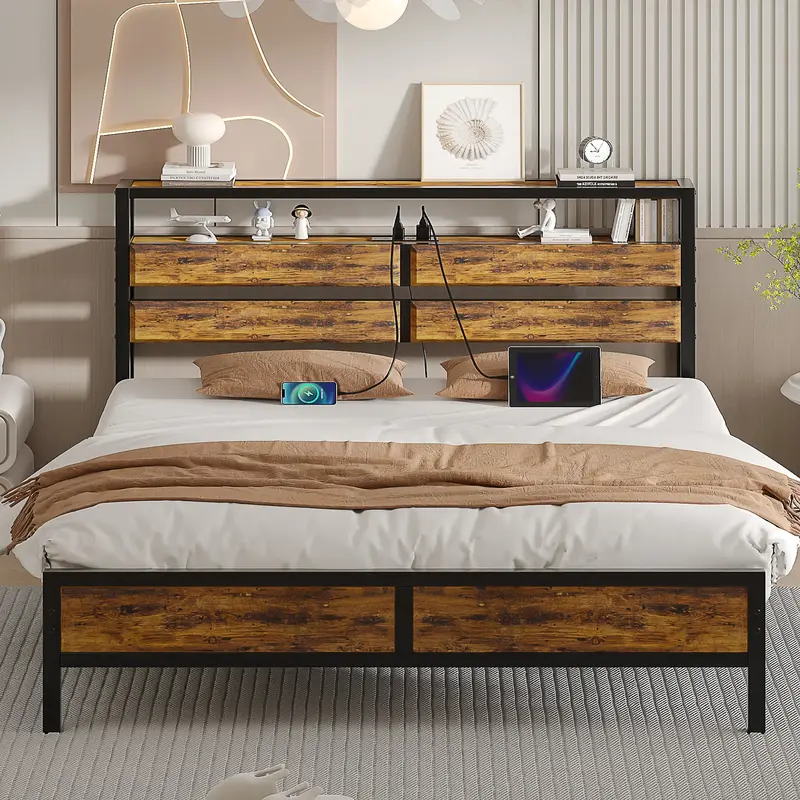 VECELO Modern Metal Bed Frame with with Built-In Power Outlet & Storage Shelf Wooden Headboard & Footboard, Full/Queen/King S...