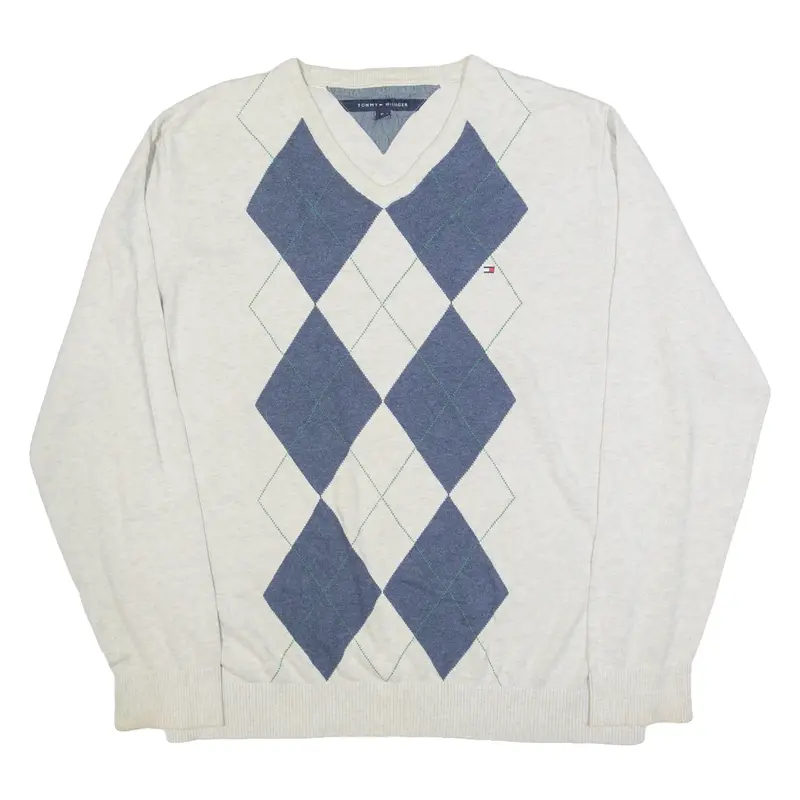 TOMMY HILFIGER Mens Patterned Jumper Beige Argyle V-Neck Tight Knit XL
