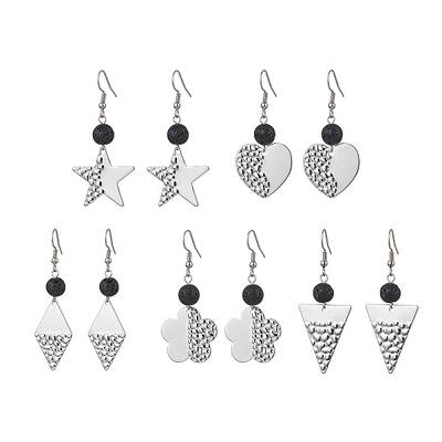304 Stainless Steel Geometry Dangle Earrings with Natural Lava Rock Round Beaded