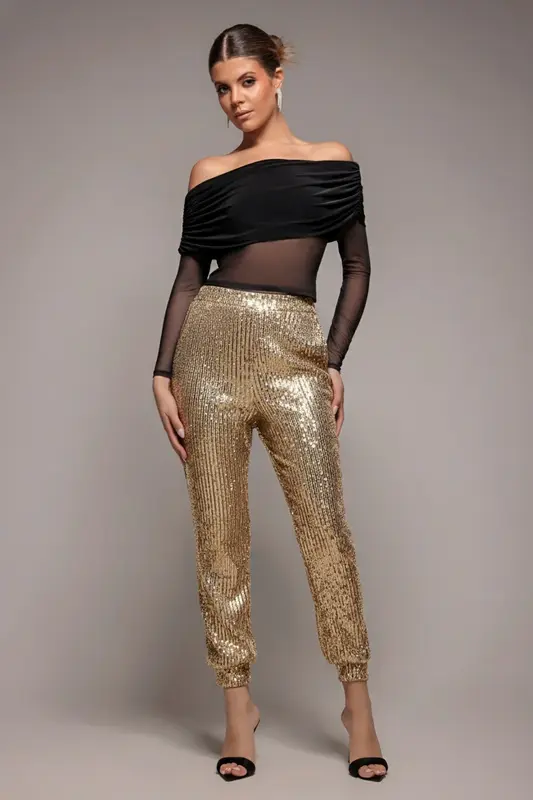 Goddiva Sequin Cuffed Ankle Pant - Gold