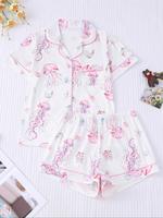 Women's All Over Print Cute Jellyfish Print Pajama Two-piece Set, Casual Comfy Short Sleeve Top & Elastic Waist Shorts PJ Set...