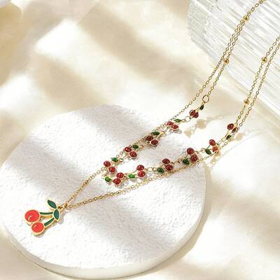 304 Stainless Steel Red Enamel Cherry Pendant Double Layer Necklaces