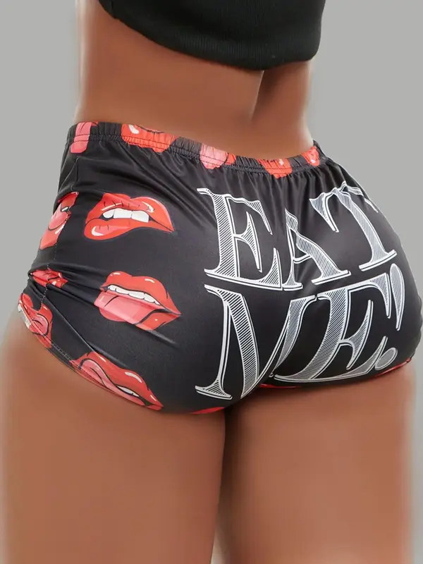 Women's All Over Letter & Lips Print Elastic Waist Shorts, Casual Comfy Breathable Shorts for Summer, Ladies Bottoms for Dail...