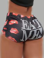 Women's All Over Letter & Lips Print Elastic Waist Shorts, Casual Comfy Breathable Shorts for Summer, Ladies Bottoms for Dail...