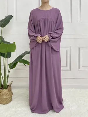 Arabic Clothing-Solid Bishop Sleeve Kaftan, Modest Round Neck Long Sleeve Maxi Arabian Dress, Women's Islamic Clothing for D...