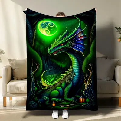 Dragon & Moon Pattern Throw Blanket, 1 Count Breathable Warm Napping Blanket, Soft Comfortable Blanket for Home Couch Bed Sof...
