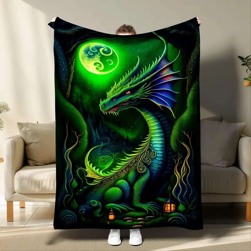Dragon & Moon Pattern Throw Blanket, 1 Count Breathable Warm Napping Blanket, Soft Comfortable Blanket for Home Couch Bed Sof...