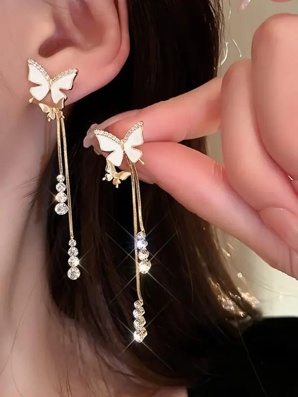 Summer Fashion Butterfly Rhinestone Decor Dangle Tassel Earrings, Elegant Plain Dangle Earrings, Kawaii Accessories, Matching...