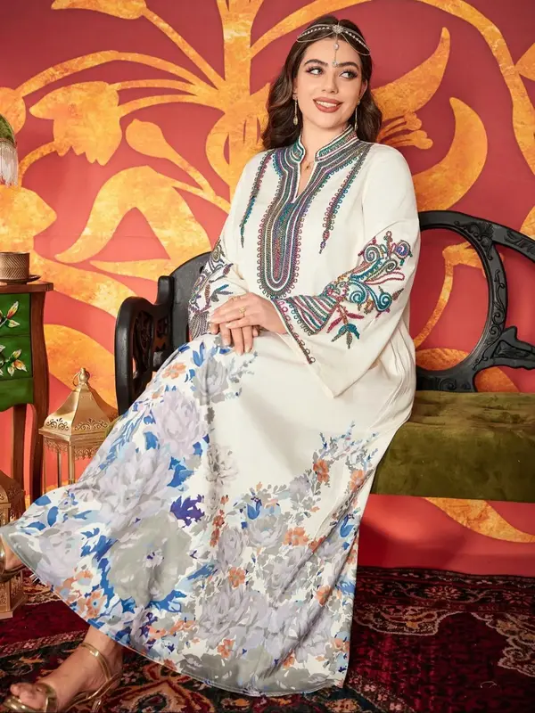 【Plus Size】 Floral Embroidery Notched Neck Dress, Elegant Long Sleeve Robes for Women, Women's Islamic Clothing for Dai...