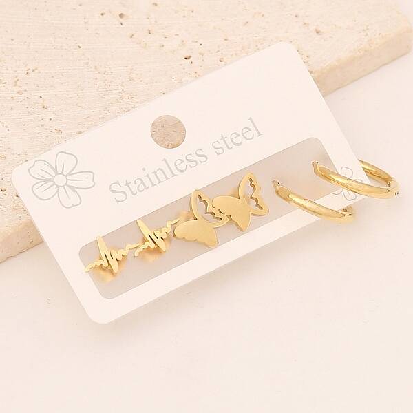 3 Pairs 3 Style 304 Stainless Steel Hoop Earrings