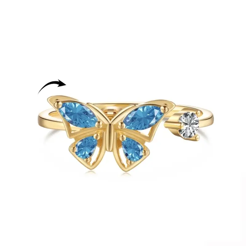 Sterling Silver with Yellow Gold Plated Cubic Zirconia Butterfly Spinner Ring